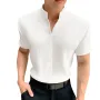 INCERUN Mens T Shirt Solid Color Stand Collar T-shirt Summer Comfy Cool V Neck Short Sleeve Tshirts Top Male Clothing