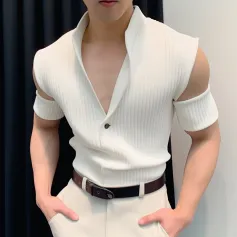 INCERUN Mens Thin Knitted Fabric Cut-off Short Sleeve Tops Lapel Shirts
