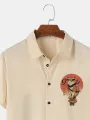 Mens Japanese Warrior Cat Graphic Lapel Short Sleeve Shirts