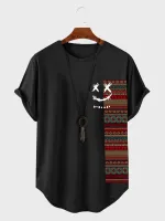 ChArmkpR Mens Smile Ethnic Geometric Print Patchwork Curved Hem Short Sleeve T-Shirts