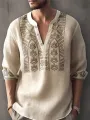 Mens Vintage Plant Print Half Button Long Sleeve Henley Shirts