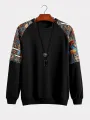 ChArmkpR Mens Pullover Hoodies Ethnic Pattern Patchwork Raglan Sleeve Round Neck Sweatshirts
