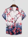 ChArmkpR Mens Shirt Japanese Cherry Blossoms Ombre Print Lapel Short Sleeve Shirts