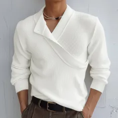 INCERUN Mens Solid Color Double Collar Pullover Sweater Comfortable Stretchy Fabric Casual Top for Male Plus Size S 5XL