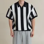 INCERUN Mens Striped Patchwork Short Sleeve Shirt Business Casual Lapel Top for Male