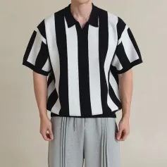 INCERUN Mens Striped Patchwork Short Sleeve Shirt Business Casual Lapel Top for Male