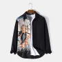ChArmkpR Mens Japanese Cat Fish Print Patchwork Long Sleeve Shirts