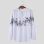 INCERUN Men Floral Print V-Neck Long Sleeve Shirt Comfy Loose Fit Casual White Shirt Beach Mens Top Plus Size, Spring Fall