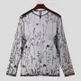INCERUN Men T-shirts Fashion See-through Mesh Embroidered Flower Decor Long Sleeve Black Tshirts Summer Cool Party Male Tops