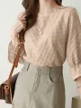 Plaid Ruffle Sleeve Round Neck Casual Blouse