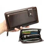 Ekphero Men Genuine Leather Wallet Men Phone Clutch Retro Long Wallets Hand Money Purse Cow Leather Zippered Card Holder