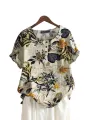ZANZEA Plus Size Women's Shirt Cotton Linen Printed Casual Short Sleeve O Neck Loose Blouse Summer Daily Top for Women