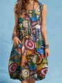 ZANZEA Women Plus Size Abstract Painted Button Pocket Sleeveless Casual Beach Midi Dress