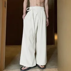 INCERUN Men Side Lace Up Solid Color Pants Button Zipper Wide Legged Trousers Loose Fit Casual Daily Men Pants Plus Size S-5XL