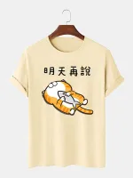 ChArmkpR Mens Cartoon Cat & Fish Print Crew Neck Short Sleeve T-Shirts