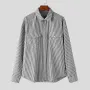 INCERUN - Camisa de manga larga a rayas con doble bolsillo para hombre, informal, holgada, con solapa, tallas S-5XL