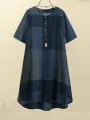 Women Vintage Plaid Print Button Front O-Neck Short Sleeve Loose Casual Shirt Dress With Pocket