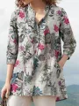ZANZEA Women Plus Size Cotton Linen Blouses V-Neck Floral Top Vintage Button Cuffs Three Quarter Sleeve Shirt