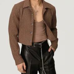 INCERUN - Chaqueta corta a cuadros con botones metálicos para hombre, estilo informal, con solapa, talla grande, para primavera y otoño (S-5XL)