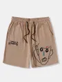 Mens Abstract Figure Letter Print Drawstring Waist Shorts