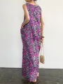 Pocket Floral Print Round Neck Sleeveless Maxi Dress