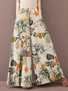ZANZEA Women's Culottes Loose Wide Leg Pants Floral Graphic Elastic Waist Palazzo Pants Business Casual Cropped Trousers with Pockets