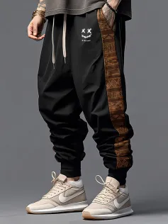 Pantaloni da uomo con coulisse in vita e stampa geometrica etnica patchwork