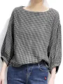 Check Pattern Puff Sleeve Crew Neck Casual Blouse