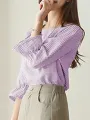 Plaid Ruffle Sleeve Round Neck Casual Blouse