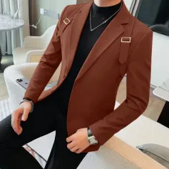 INCERUN - Blazer informal de manga larga para hombre, color liso, corte entallado, traje de negocios para primavera y otoño