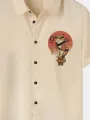 Mens Japanese Warrior Cat Graphic Lapel Short Sleeve Shirts