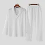 INCERUN Men Sets Solid Color Fashion Lapel Long Sleeve Shirt & Pants 2PCS Pleated Loose Streetwear Men Casual Suits S-5XL