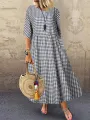 ZANZEA Plus Size Women Long Dress Casual Loose Plaid Print O-Neck Half Sleeve Beach Maxi Dress