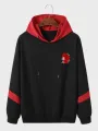 ChArmkpR Mens Japanese Rose Print Contrast Patchwork Drawstring Hoodies