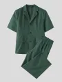 INCERUN Men Sets Short Sleeve Men Suit & Pant Mens Fashion Simple Solid Color Suits Two Pieces Outfits Men's Casual Suits S-5XL