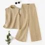 ZANZEA Women Vintage Casual Stand Neck Sleeveless Pleated Wide Leg Tops Trousers