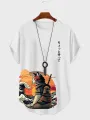 ChArmkpR Mens Japanese Cat Print Curved Hem Short Sleeve T-Shirts