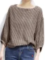 Check Pattern Puff Sleeve Crew Neck Casual Blouse