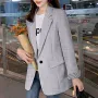 ZANZEA Plus Size Women's Stripe Panel Long Sleeve Button Front Lapel Blazer with No Pockets