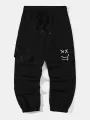 ChArmkpR Mens Black Pant Smile Face Print Multi Pocket Drawstring Waist Cargo Pants