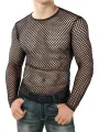 INCERUN Men Fashion Mesh See-through Casual Long Sleeve Hollow Black T-Shirt