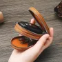 Ekphero Men Genuine Leather Mini Car Key Case Minimalist Zipper Key Holder Storage Bag for Men Double Layer Key Slot Bag with Key Chain