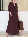 Women Retro Solid Color Turn-Down Collar Loose Casual Shirt Dress With Pocket