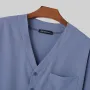 INCERUN Men Shirts Casual Blue Shirts Daily Long Sleeve White Shirts Solid Color V-neck Orange Shirts Summer Comfy Top with Breast Pocket