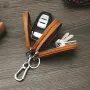 Ekphero Men Genuine Leather Mini Car Key Case Minimalist Zipper Key Holder Storage Bag for Men Double Layer Key Slot Bag with Key Chain