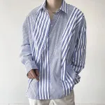 INCERUN Mens Shirt Striped Lapel Collar Long Sleeve Top Shirts Summer Daily Casual Male Clothing Fashion Design Shirts