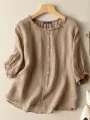 ZANZEA Lettuce Edge Crew Neck Solid Button 3/4 Sleeve Blouse