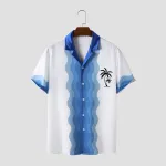 ChArmkpR Mens Coconut Tree Wave Striped Print Revere Collar Short Sleeve Shirts