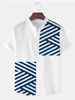 ChArmkpR Mens Striped Shirt Patchwork Stand Collar Casual Short Sleeve Casual Shirts
