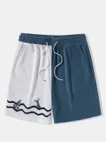 Mens Fish Wave Embroidery Patchwork Corduroy Drawstring Waist Shorts
